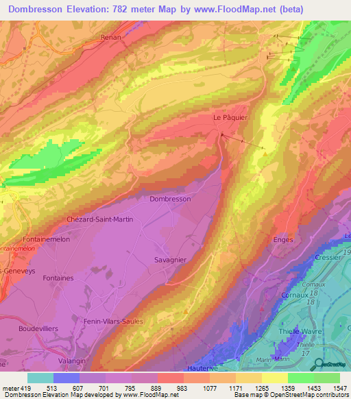 Dombresson,Switzerland Elevation Map