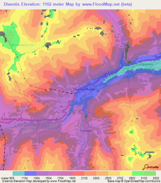 Disentis,Switzerland Elevation Map