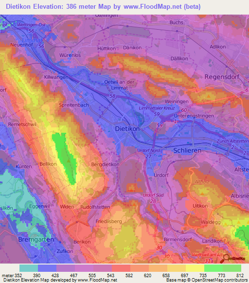 Dietikon,Switzerland Elevation Map