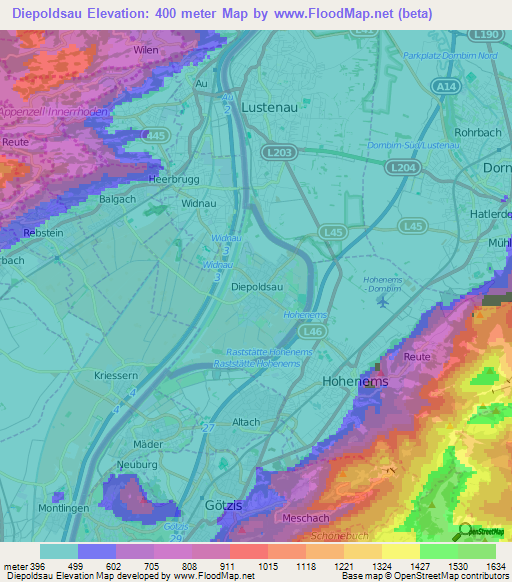 Diepoldsau,Switzerland Elevation Map