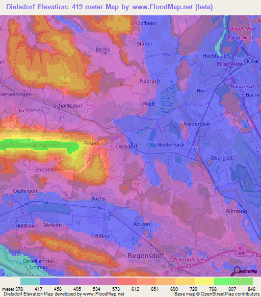 Dielsdorf,Switzerland Elevation Map