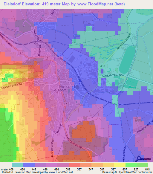 Dielsdorf,Switzerland Elevation Map