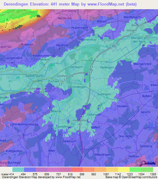 Derendingen,Switzerland Elevation Map