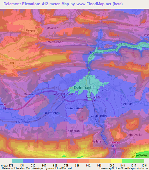 Delemont,Switzerland Elevation Map