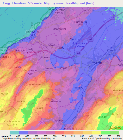 Cugy,Switzerland Elevation Map