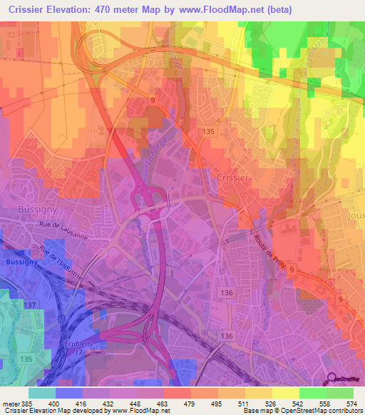 Crissier,Switzerland Elevation Map