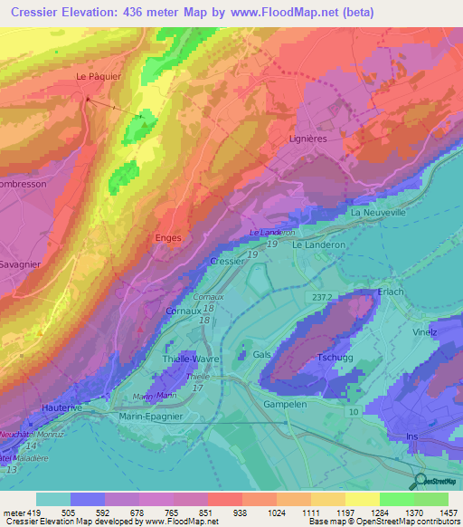 Cressier,Switzerland Elevation Map