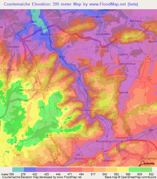 Courtemaiche,Switzerland Elevation Map