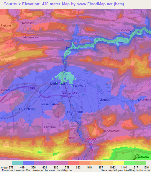 Courroux,Switzerland Elevation Map