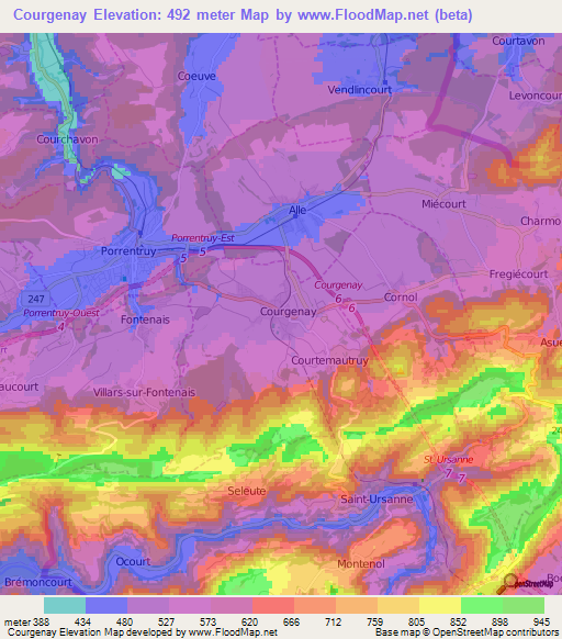 Courgenay,Switzerland Elevation Map