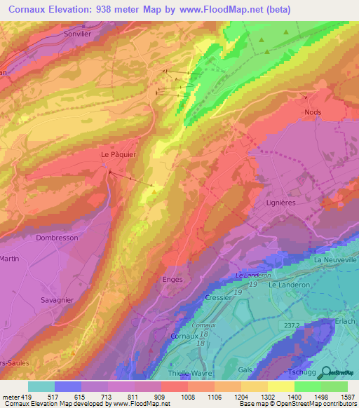 Cornaux,Switzerland Elevation Map