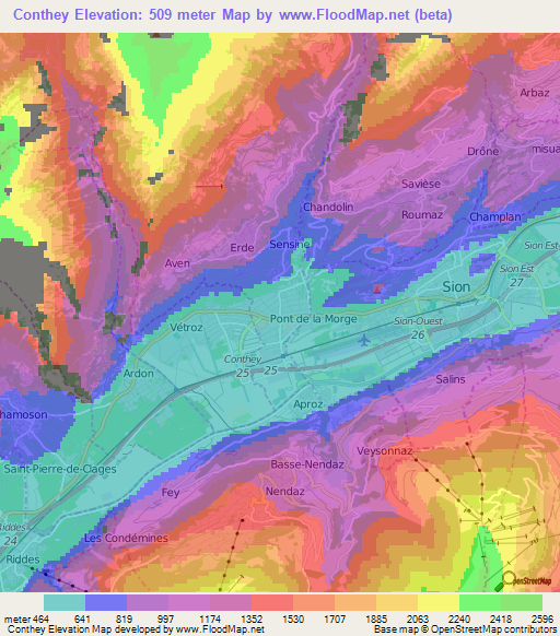 Conthey,Switzerland Elevation Map