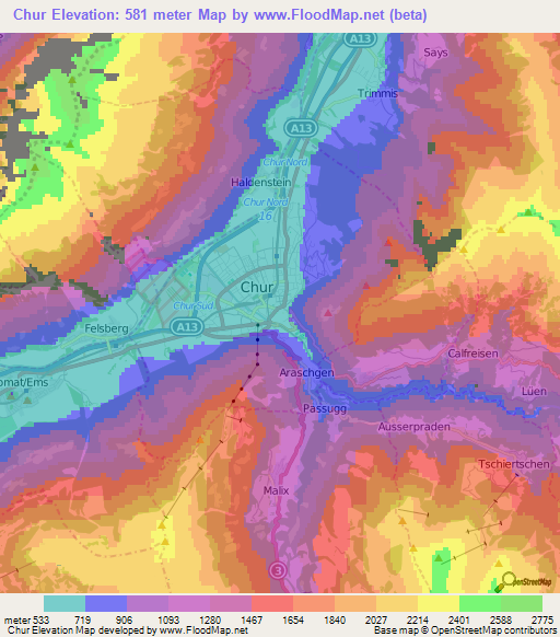 Chur,Switzerland Elevation Map