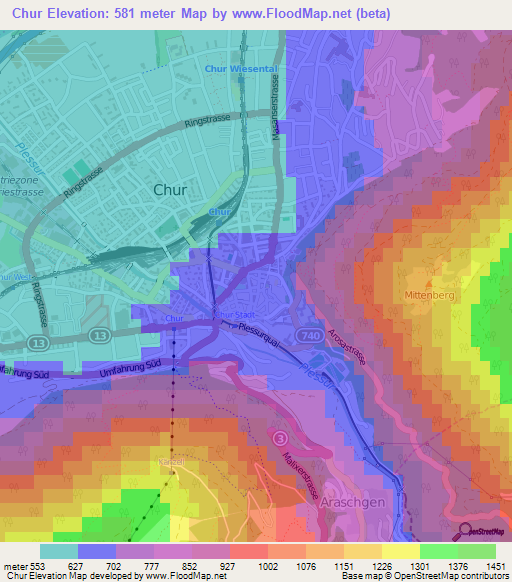 Chur,Switzerland Elevation Map