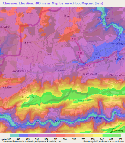 Chevenez,Switzerland Elevation Map