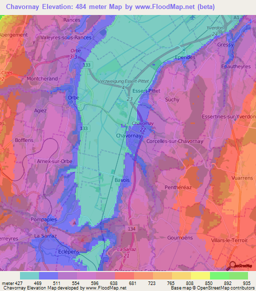 Chavornay,Switzerland Elevation Map