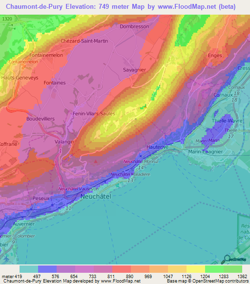 Chaumont-de-Pury,Switzerland Elevation Map