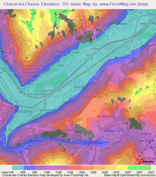 Charrat-les-Chenes,Switzerland Elevation Map