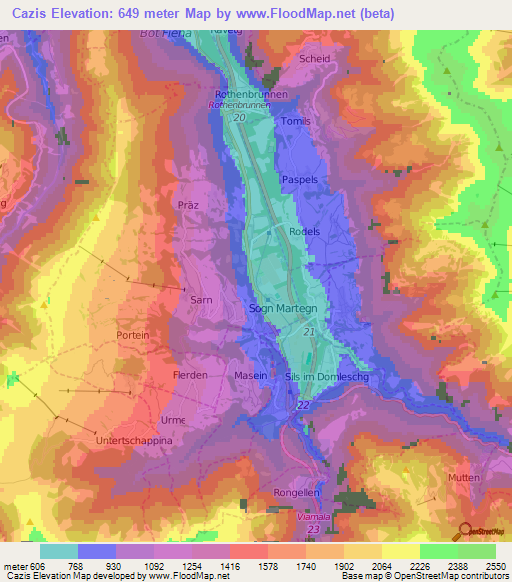 Cazis,Switzerland Elevation Map