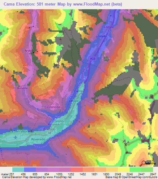 Cama,Switzerland Elevation Map