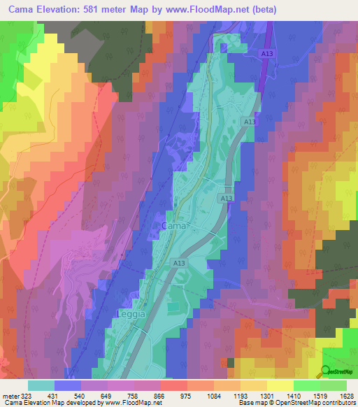 Cama,Switzerland Elevation Map