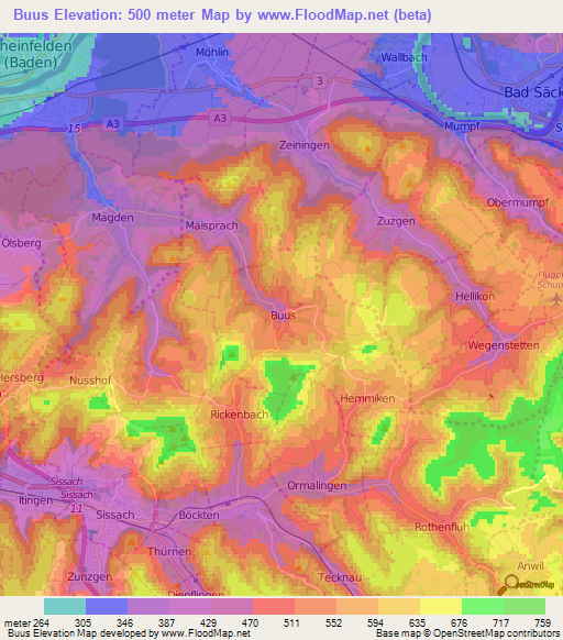 Buus,Switzerland Elevation Map