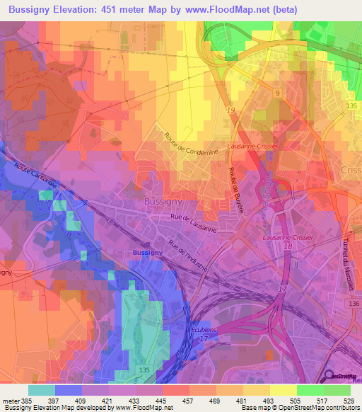 Bussigny,Switzerland Elevation Map