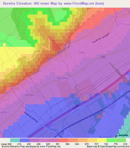 Bursins,Switzerland Elevation Map