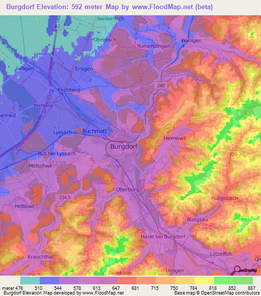 Burgdorf,Switzerland Elevation Map
