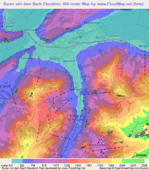 Buren nid dem Bach,Switzerland Elevation Map