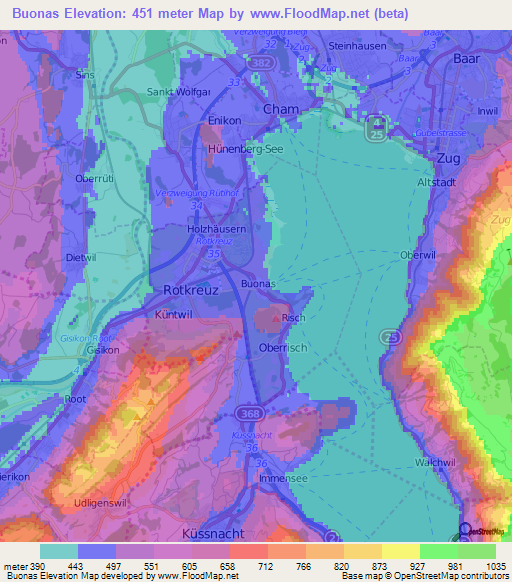 Buonas,Switzerland Elevation Map