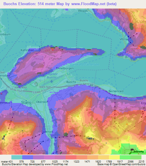 Buochs,Switzerland Elevation Map