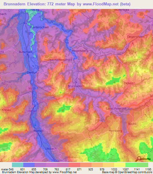 Brunnadern,Switzerland Elevation Map