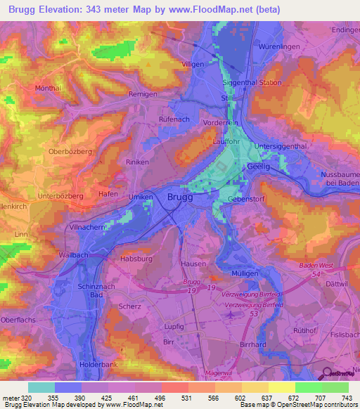 Brugg,Switzerland Elevation Map