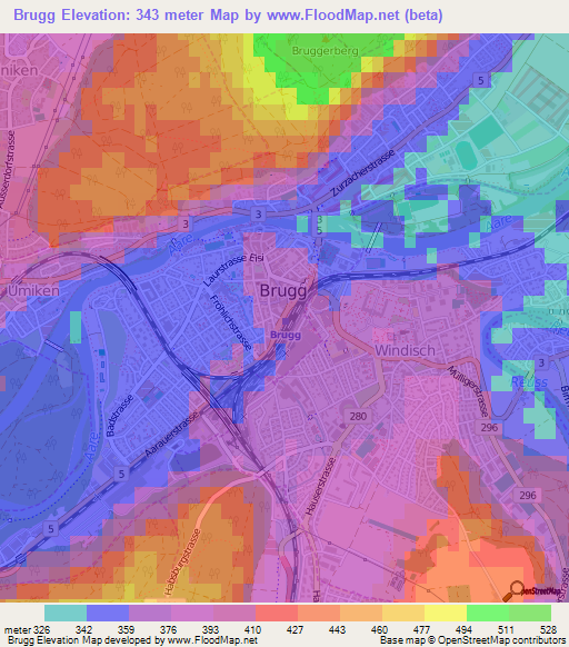 Brugg,Switzerland Elevation Map