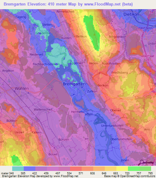 Bremgarten,Switzerland Elevation Map