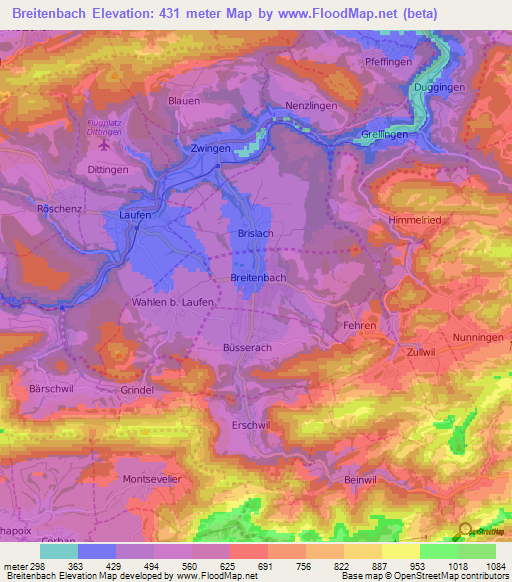 Breitenbach,Switzerland Elevation Map