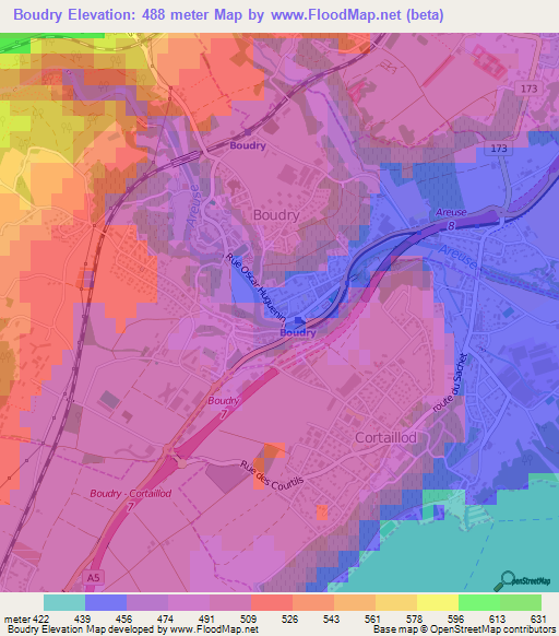 Boudry,Switzerland Elevation Map