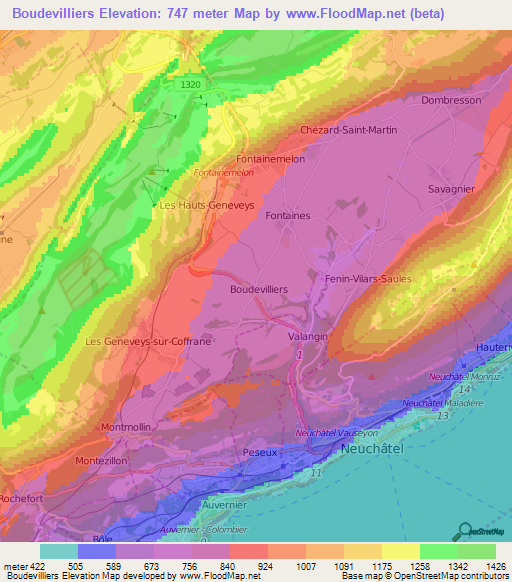 Boudevilliers,Switzerland Elevation Map
