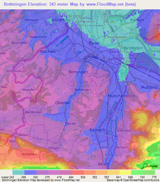 Bottmingen,Switzerland Elevation Map