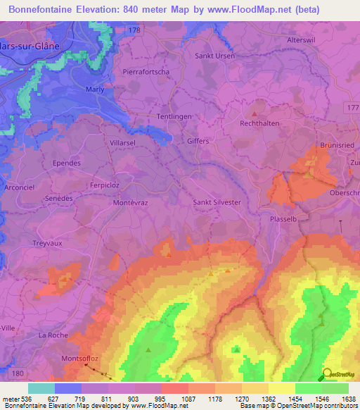 Bonnefontaine,Switzerland Elevation Map