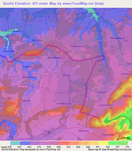 Bonfol,Switzerland Elevation Map