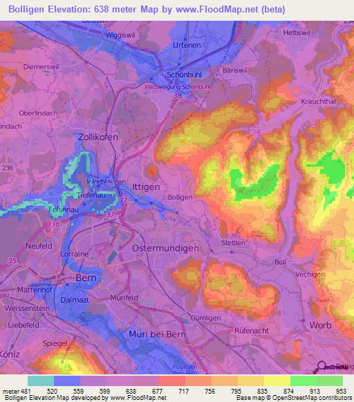Bolligen,Switzerland Elevation Map