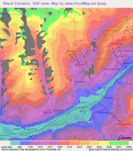 Bitsch,Switzerland Elevation Map