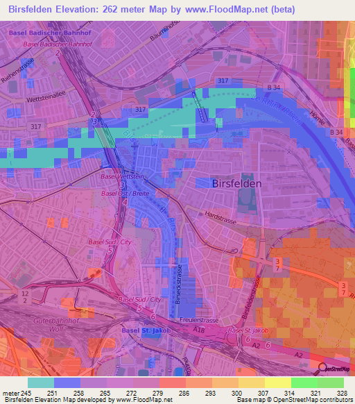 Birsfelden,Switzerland Elevation Map