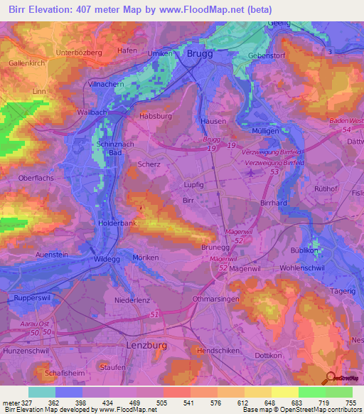 Birr,Switzerland Elevation Map