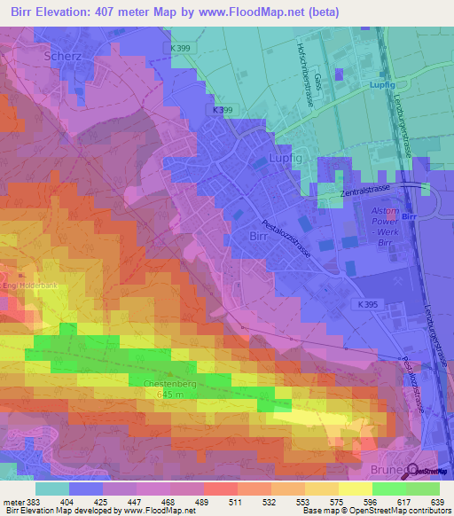 Birr,Switzerland Elevation Map