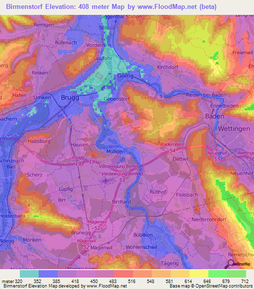 Birmenstorf,Switzerland Elevation Map