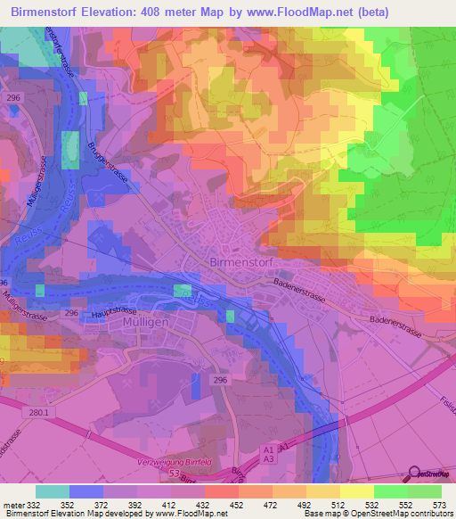 Birmenstorf,Switzerland Elevation Map