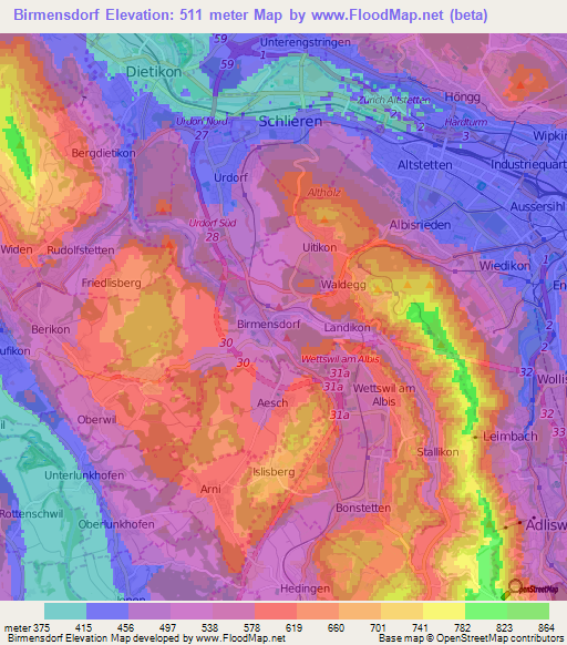 Birmensdorf,Switzerland Elevation Map